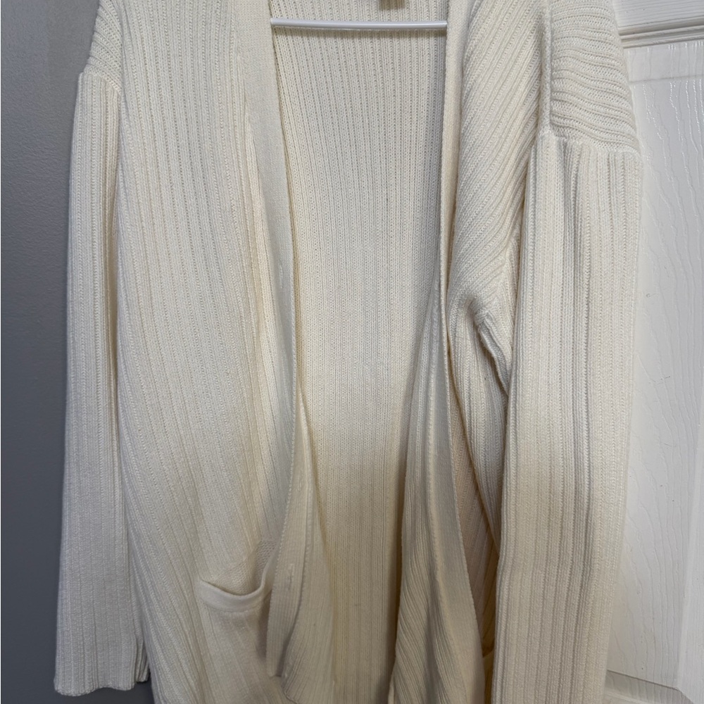 Lands' End Cream Ribbed Open-Front Cardigan